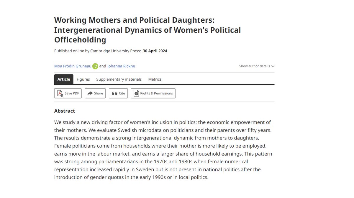 'Working Mothers and Political Daughters: Intergenerational Dynamics of Women's Political Officeholding” is now available with open access in the @BJPolS! doi.org/10.1017/S00071… - with Moa Frödin Gruneau [1/8]