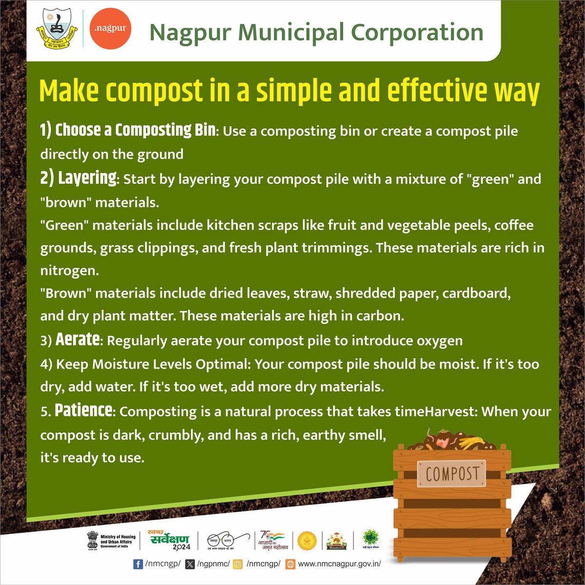 Make compost in a simple and effective way.

#nmc #nagpur #SwachhSurvekshan2024 #SwachhataKeDoRang #MyCityMyPride #Plasticfreecity #GoGreen #IndiavsGarbage #MissionLiFE #chooselife #MajhiVasundhara