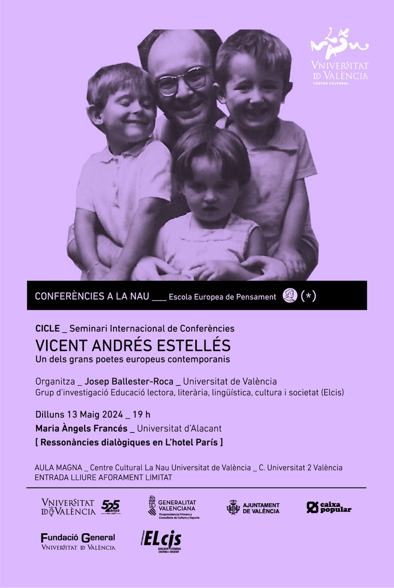 🟣Torna una nova conferència del Cicle Vicent Andrés Estellés: 𝗥𝗲𝘀𝘀𝗼𝗻𝗮̀𝗻𝗰𝗶𝗲𝘀 𝗱𝗶𝗮𝗹𝗼̀𝗴𝗶𝗾𝘂𝗲𝘀 𝗲𝗻 𝗟'𝗵𝗼𝘁𝗲𝗹 𝗣𝗮𝗿𝗶́𝘀 amb la professora de la @UA_Universidad Maria Àngels Francés, on s'analitzarà el poemari del mateix nom

🗓️Dilluns 13/05, 19h
📍#CCLaNau