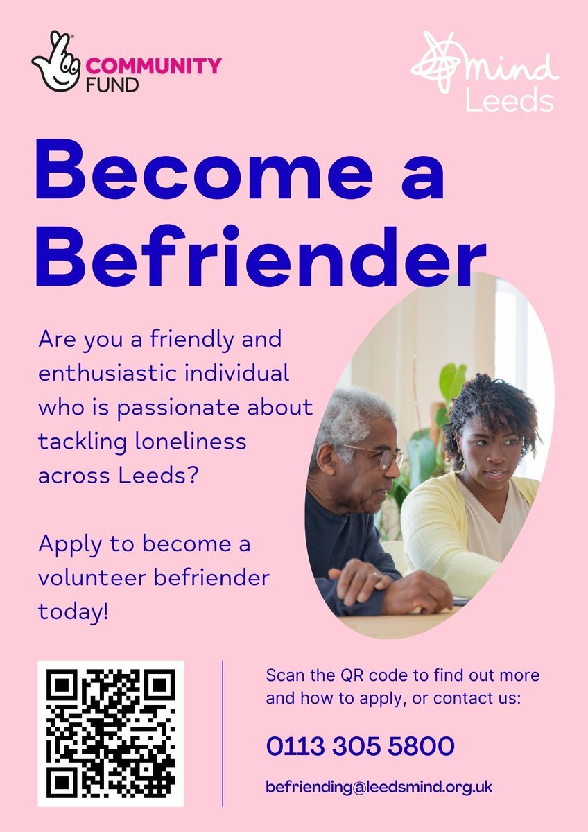 Leeds Mind Befriending need Befriending volunteers for a new social support service in Leeds for individuals over the age of 50 who are experiencing mental ill health, loneliness and isolation. For more info: buff.ly/4dllph6 buff.ly/44ki8dO