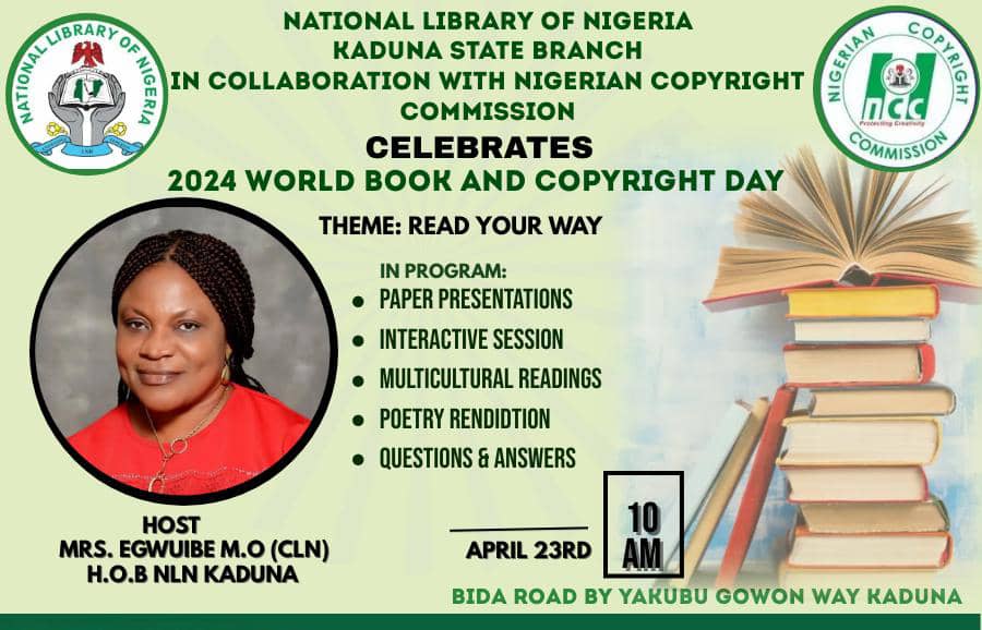 kadLibrarygovng's tweet photo. FLASH: UNESCO INTERNATIONAL WORLD BOOK/COPYRIGHT DAY (WBCD)
National Library of Nigeria, Kaduna State Branch in Partnership with Nigerian Copyright Commission Kaduna joined the rest of the world to celebrate 2024 WBCD with the Theme:  READ YOUR WAY https://t.co/vSbA2WHnjQ