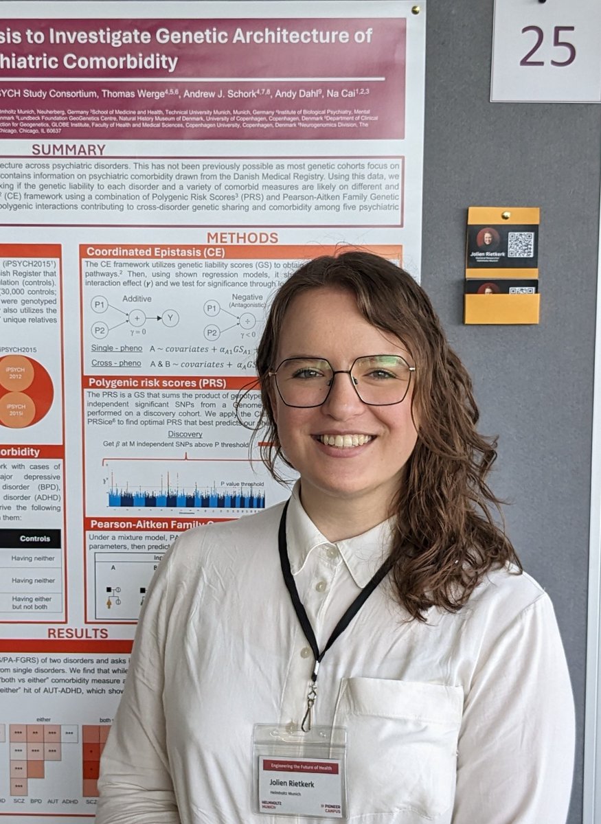 JolienRietkerk's tweet image. Very excited to be presenting my work at the #BIOENG24 tomorrow from 2pm -4pm at poster 25. Come talk to me about genetic architecture of comorbid psychiatric disorders! @HelmholtzMunich @PioneerCampus
