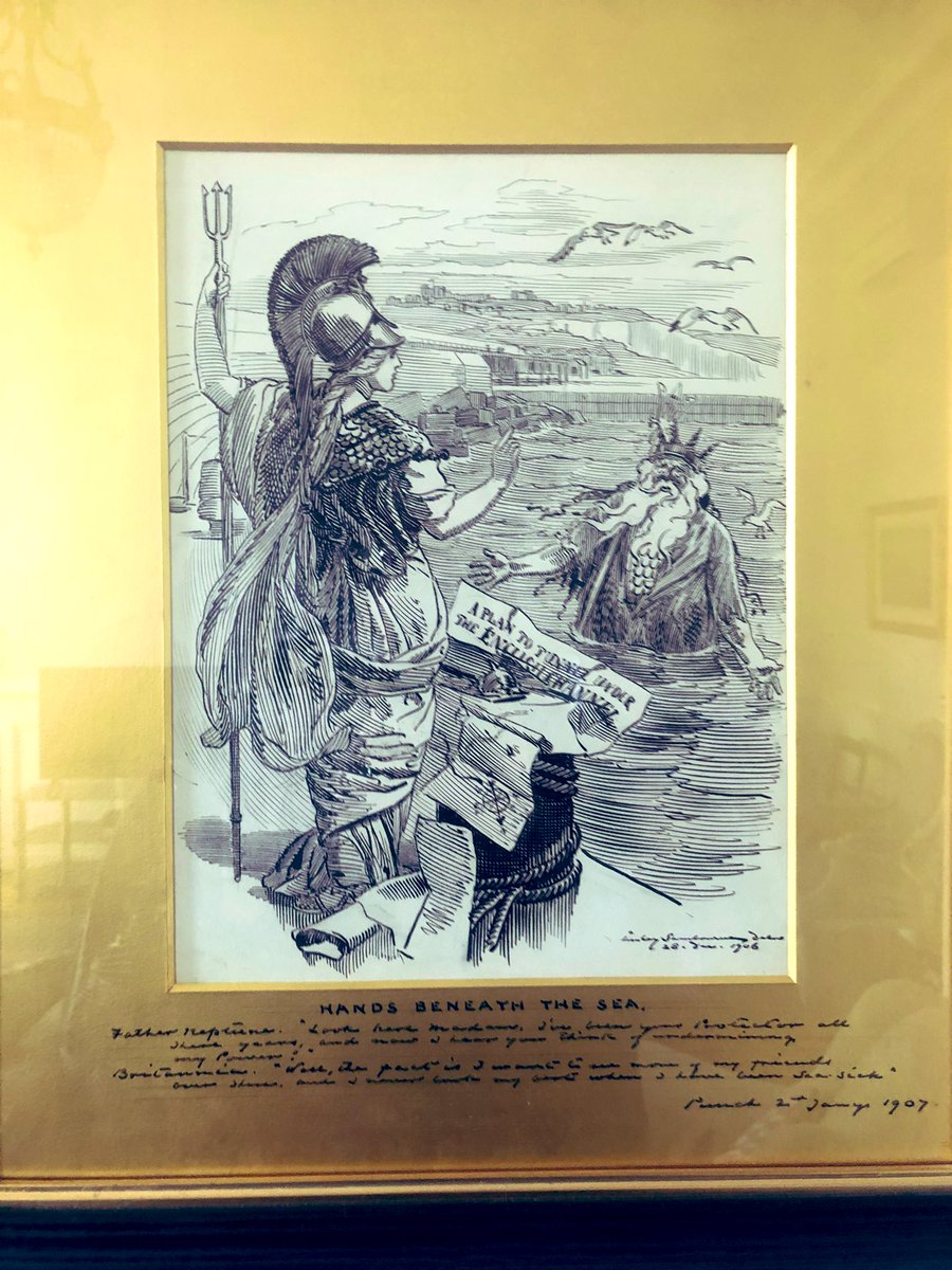 In fact @FranceintheUK the idea pre-dates even Astérix, judging by this drawing at 🇬🇧 Residence in Paris from 1907. Father Neptune and Britannia in conversation on « a plan to tunnel under the ENGLISH CHANNEL ». Success has many fathers and mothers! #channeltunnel30