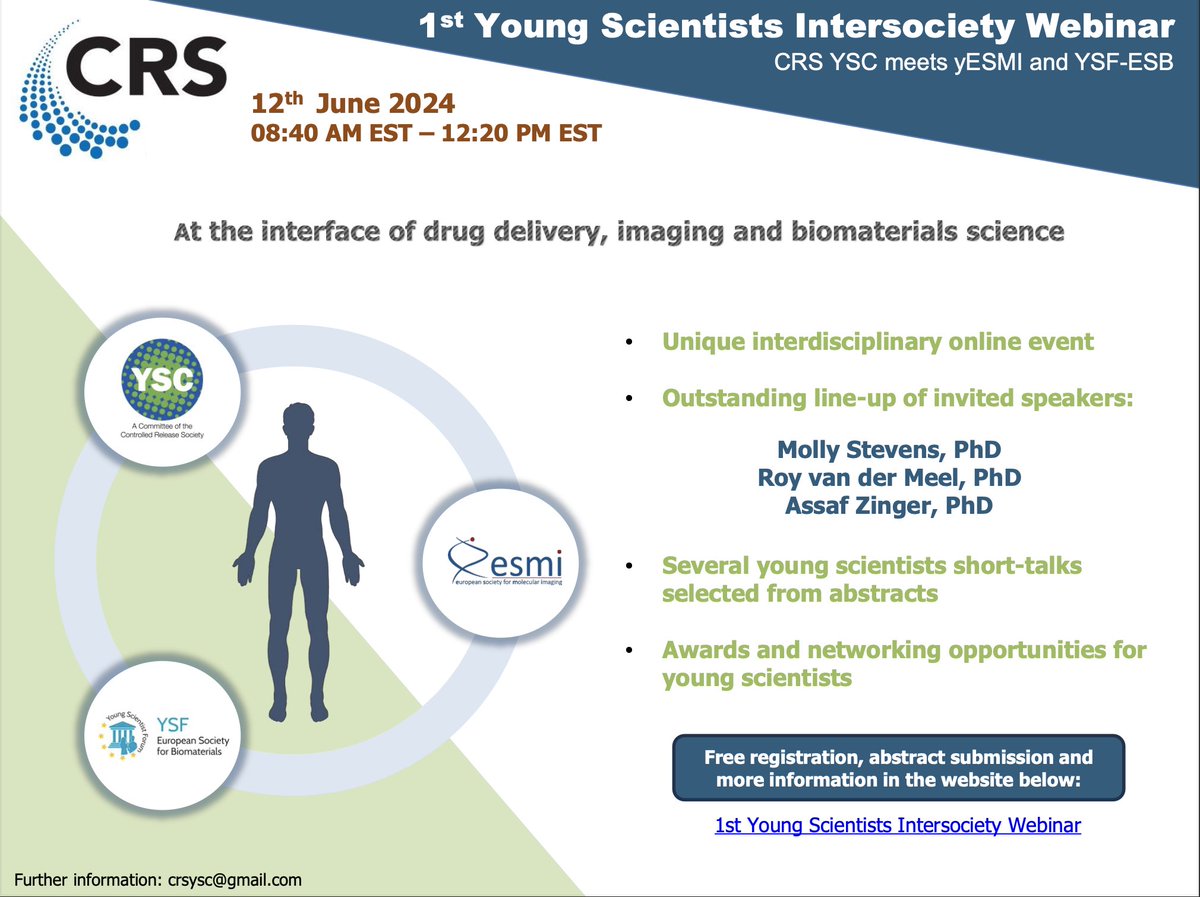 Young Scientist Committee YSC-CRS (@crs_ysc) on Twitter photo 💥 1st Young Scientists Intersociety Webinar (bit.ly/4a5AmRi), co-organized with <a href="/ESBiomaterials/">European Society for Biomaterials</a> and <a href="/ESMI_society/">European Society for Molecular Imaging - ESMI</a> 💥 Outstanding speakers (Molly Stevens, <a href="/rvdmnanomeds/">Roy van der Meel</a>, <a href="/ZingerAssaf/">Assaf Zinger</a>), FREE registration, and abstract submission until May 25th. JOIN US! <a href="/CRSScience/">Controlled Release Society</a> 💥 1st Young Scientists Intersociety Webinar (bit.ly/4a5AmRi), co-organized with <a href="/ESBiomaterials/">European Society for Biomaterials</a> and <a href="/ESMI_society/">European Society for Molecular Imaging - ESMI</a> 💥 Outstanding speakers (Molly Stevens, <a href="/rvdmnanomeds/">Roy van der Meel</a>, <a href="/ZingerAssaf/">Assaf Zinger</a>), FREE registration, and abstract submission until May 25th. JOIN US! <a href="/CRSScience/">Controlled Release Society</a>