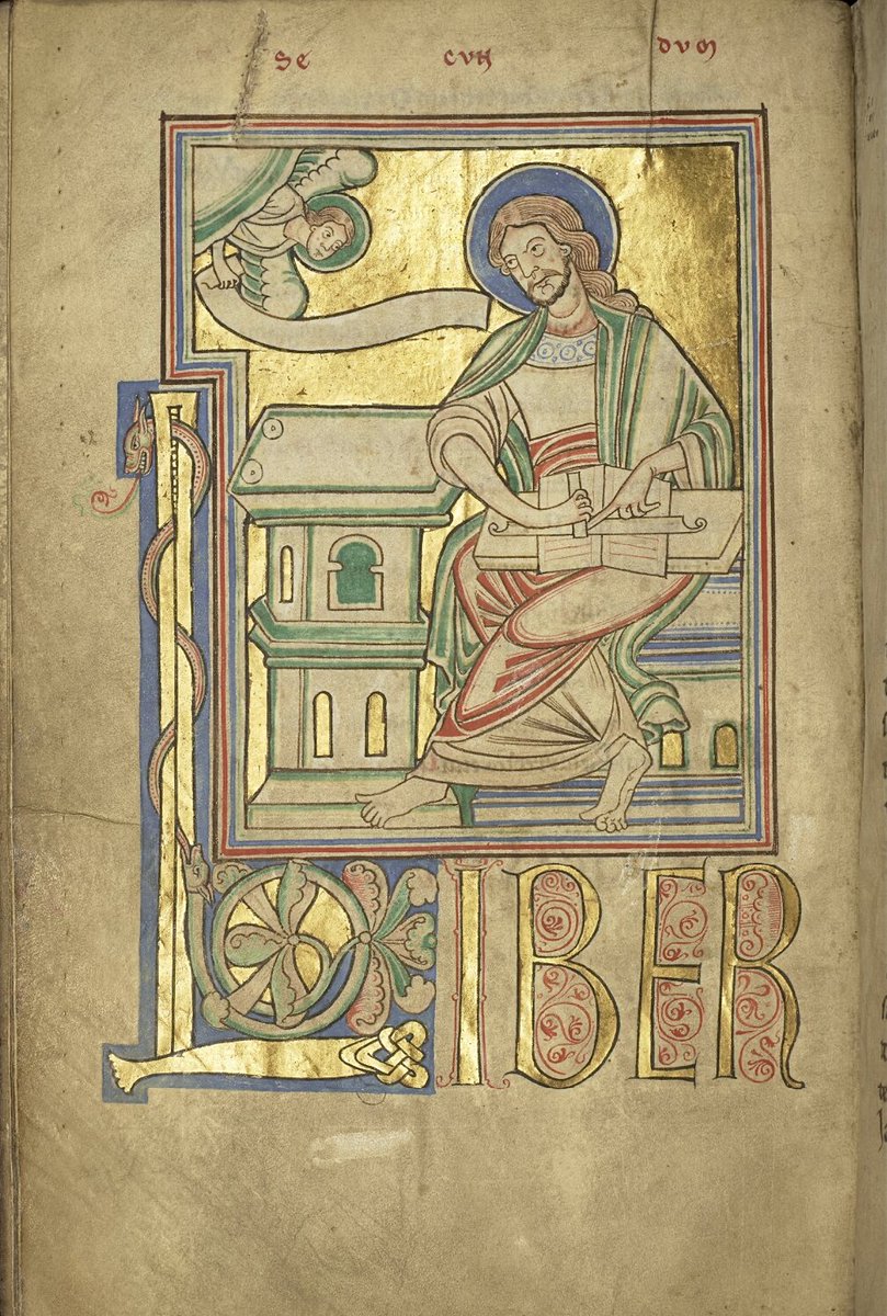 Portrait of St Matthew the Evangelist with his symbol, above the initial word of his Gospel
#ManuscriptMonday 
The John Rylands Library, Latin MS 11; the 'Dinant Gospels'; middle of the 12th century; Flanders; f.15v @TheJohnRylands