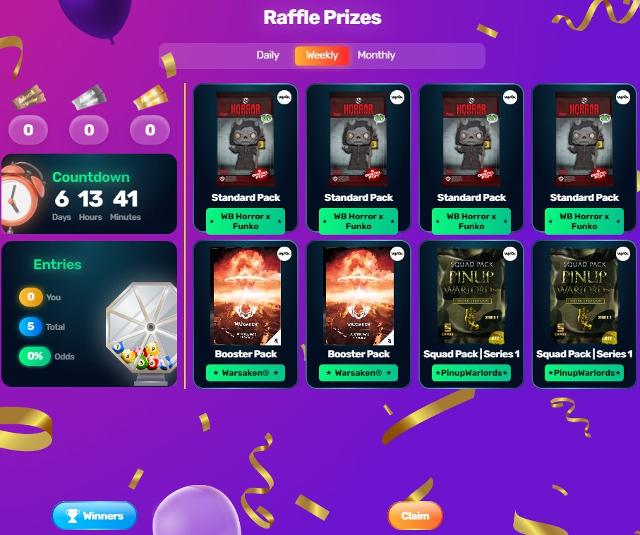 @OriginalFunko , @TheWarsaken , and @pinupwarlords NFT packs are now up for grabs on our Weekly Raffle! Don't forget to play daily then buy and burn those silver tickets to join the raffle! 🎫

Play for free at @blockspingaming 
#free2play #freeslots #freenft #giveaway