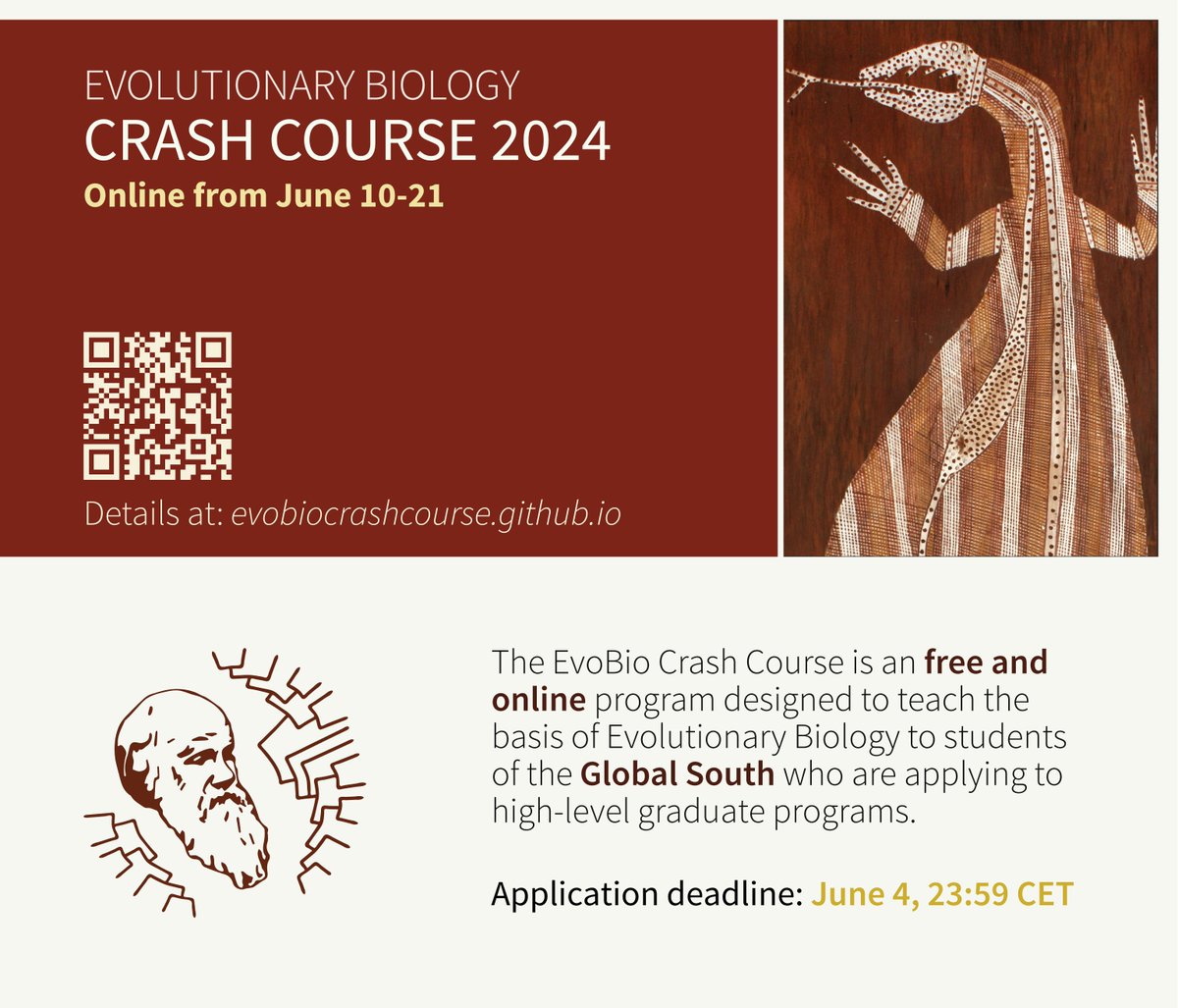 We are extremely excited to announce the 3rd edition of the EvoBio Crash Course! 🥳 We focus on providing a thorough course on the basics of #EvoBio and tips to build a career in the field directed to students from the Global South 💚 Register here: forms.gle/tJ9kaM9GsM86mx…