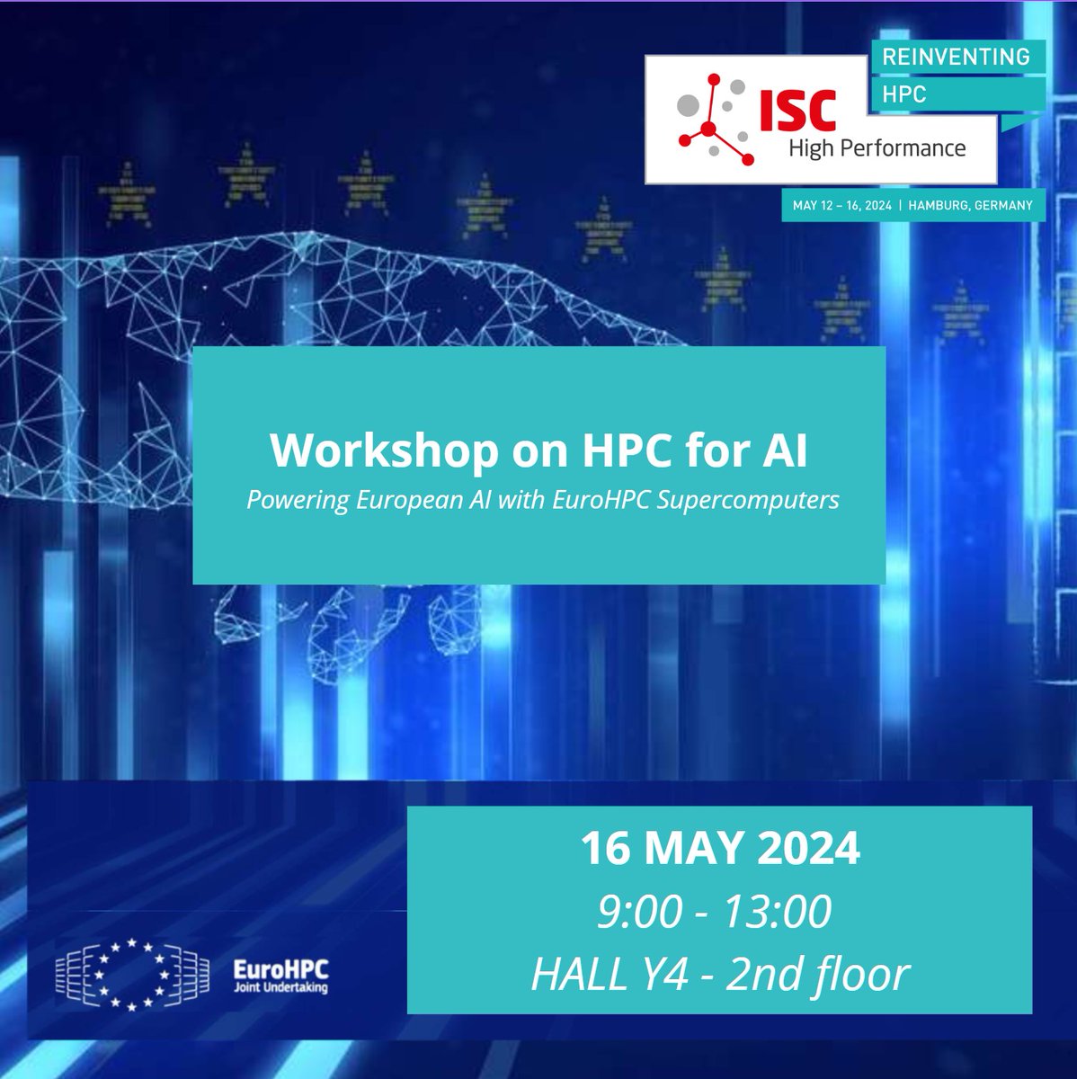 In the context of #ISC2024, the @EuroHPC_JU is organising a workshop focusing on #HPC for #AI 📆16 May 2024 📍Hall Y4 - 2nd Floor - Congress Center Hamburg (CCH) ✅ 9:00-11:00 - Support of AI in HPC ecosystem ✅ 11:30-13:00 - AI ecosystem in Europe 🔗eurohpc-ju.europa.eu/news-events/ev…