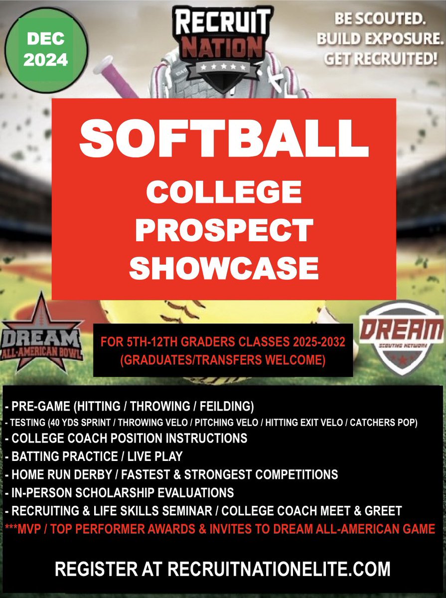 Upcoming 🥎College Prospect Showcases Dec 12/1 SE (Babson Park FL at Webber) 12/8 South (Edna TX) 12/15 MW (Chicago IL) 12/22 SW (Los Angeles CA) 🔥For More Details or To Register Now recruitnationelite.com/exposure-series