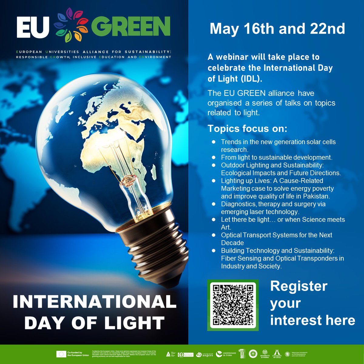 Join us and our EU GREEN partners in celebrating the International Day of Light. 💡 This year, we explore the theme 'Light in our lives' and how it can contribute to achieving the Sustainable Development Goals. Don't miss this event! Register 👉forms.office.com/e/em8K6cgf5N