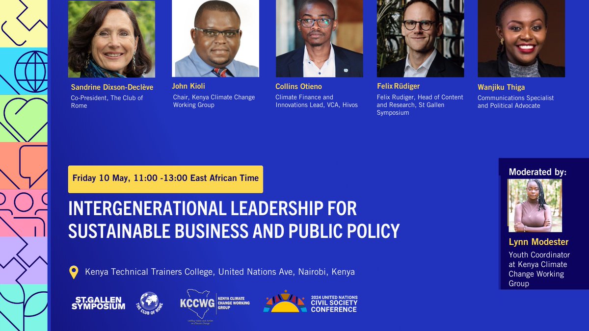 EVENT: Intergenerational Leadership for Sustainable Business and Public Policy 2024 United Nations Civil Society Conference, Nairobi 🗓️10 May 2024 🕚11:00-13:00 EAT 📍Kenya Technical Trainers College United Nations Ave, Nairobi, Kenya 🇰🇪 REGISTER HERE: forms.office.com/Pages/Response…