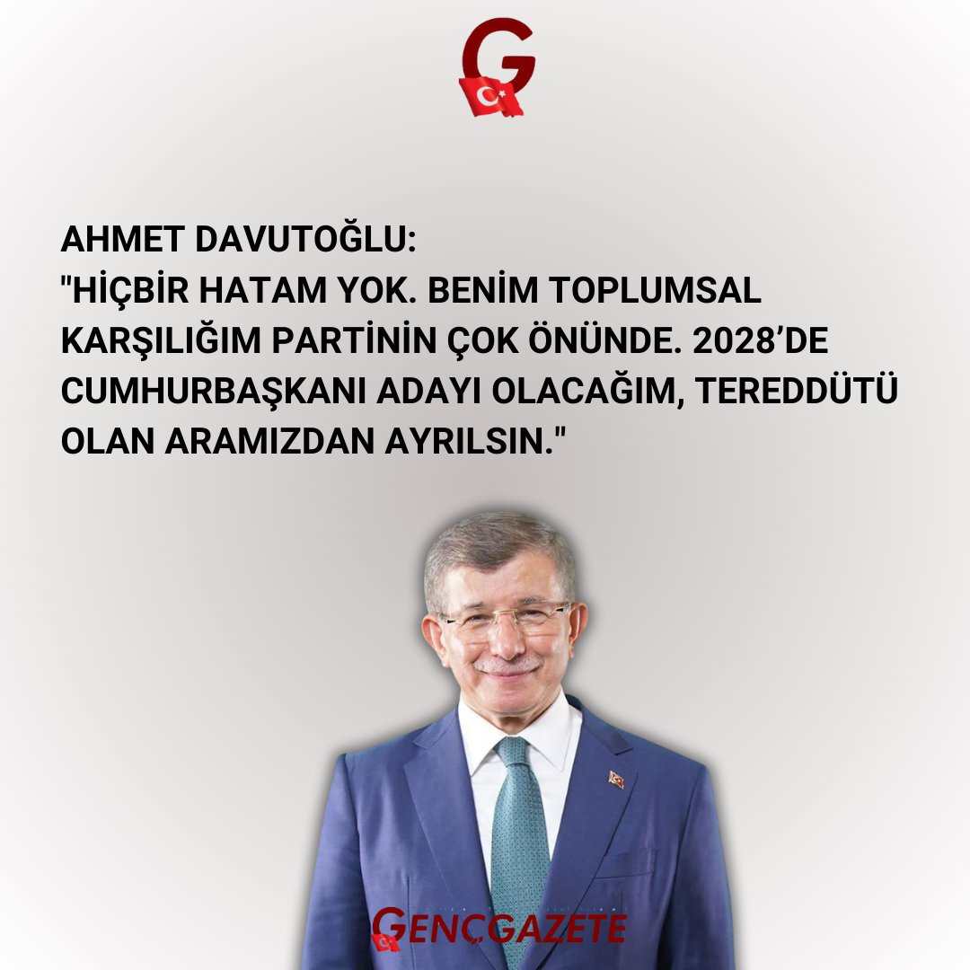 Ahmet Davutoğlu:
'Hiçbir hatam yok. Benim toplumsal karşılığım partinin çok önünde. 2028’de Cumhurbaşkanı adayı olacağım, tereddütü olan aramızdan ayrılsın.'

#haber #ahmetdavutoğlu #gelecekpartisi