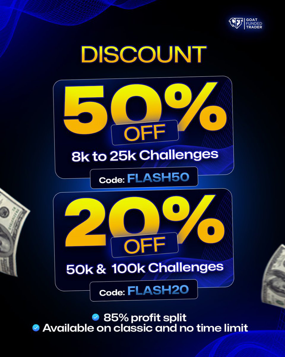 50% OFF IS BACK 🚨 The wait is over ✅ 50% off on 8K to 25k challenges 🎟 PROMO CODE: FLASH50 ✅ 20% off on 50K and 100K challenges 🎟 PROMO CODE: FLASH20 85% profit split across the board ‼️ Available for 72H