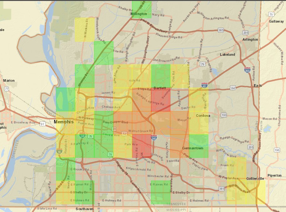 #MEMtraffic - 7000+ customers without power right now in Shelby Co. Traffic signals ARE affected, especially in the red areas. Remember to treat them like a 4-way stop.