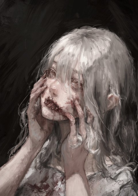 「hair between eyes hands on own face」 illustration images(Latest)