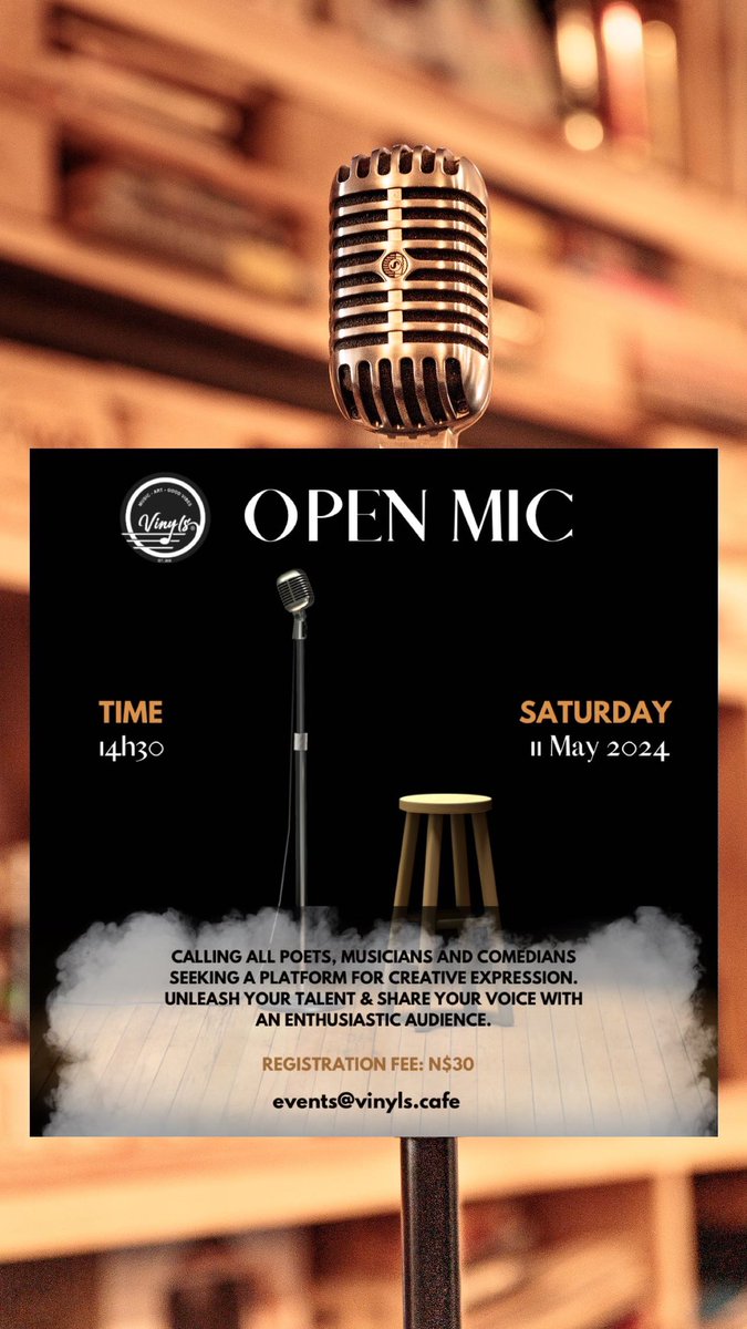 Calling all poets, musicians, and comedians seeking a platform for creative expression. Unleash your talent and share your voice with an enthusiastic audience. 

Date: Saturday, 11 May 2024

Time: 14:30

Registration Fee: N$30 

To register, events@vinyls.cafe

#openmicnight