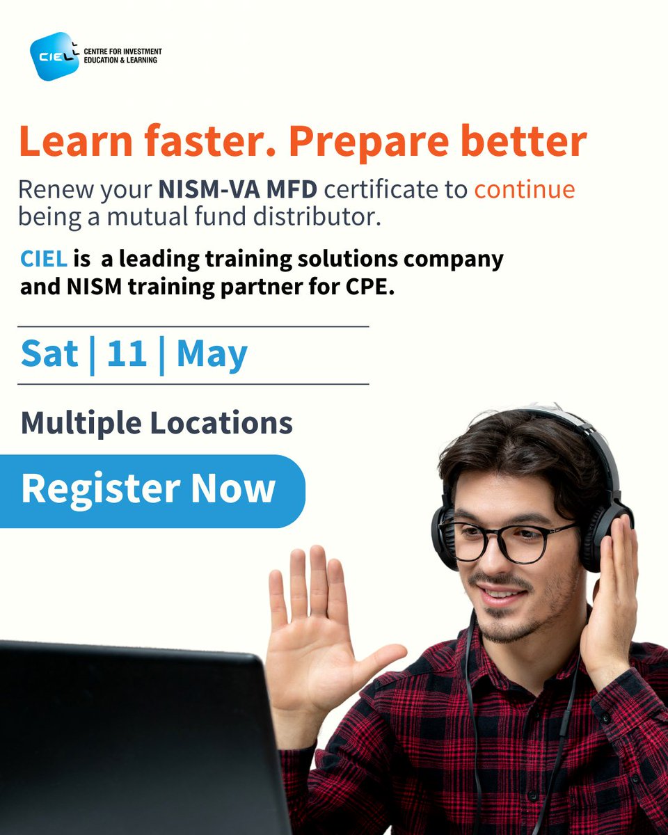 Join CIEL's one-day classroom CPE training for NISM-Series-V-A: Mutual Fund Distributors Certification Exam. 📅 Sat, May 11, 2024 ⏰ 9:30 am - 5:00 pm 📍 #Pune | #Ranchi | #Chandgarh | #Bhopal | #Jamshedpur Book your spot: bit.ly/335mSc5
#NISMPreparation #NISMTraining