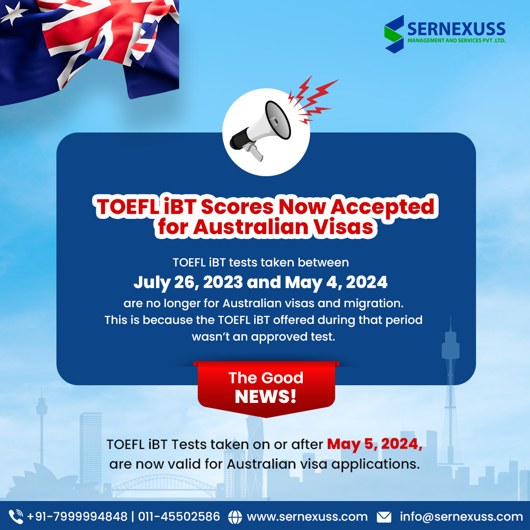 TOEFL IBT scores are now accepted for Australian Visas. Connect us!! For more information call us at +91 7999994848 or drop an email to us at info@sernexuss.com You can also chat with our experts: bit.ly/3YFARfD #australia #australiaimmigration #tofelexam #sernexuss