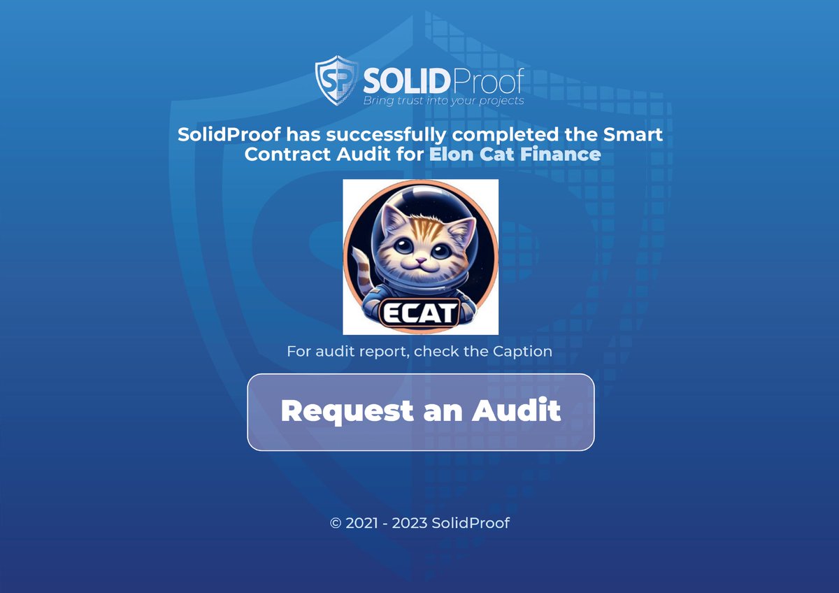 We are happy to announce that we have completed the smart contract audit for @ElonCatFinance

Need an audit?
solidproof.io/contact

Check out the full audit report here:

github.com/solidproof/pro…

#SmartContracts #Blockchain