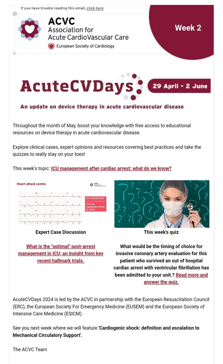 Week 2️⃣ #AcuteCVDays starts today Topic of the week 🔝 🎈👇 🔥#ICU management after #cardiacarrest 🪩Expert case discussion 🪩Quiz 🪩Free resources Check it out 👇🫀 escardio.org/Sub-specialty-… In partnership with @ERC_resus @EuropSocEM @ESICM @JanBelohlavek @CHassager