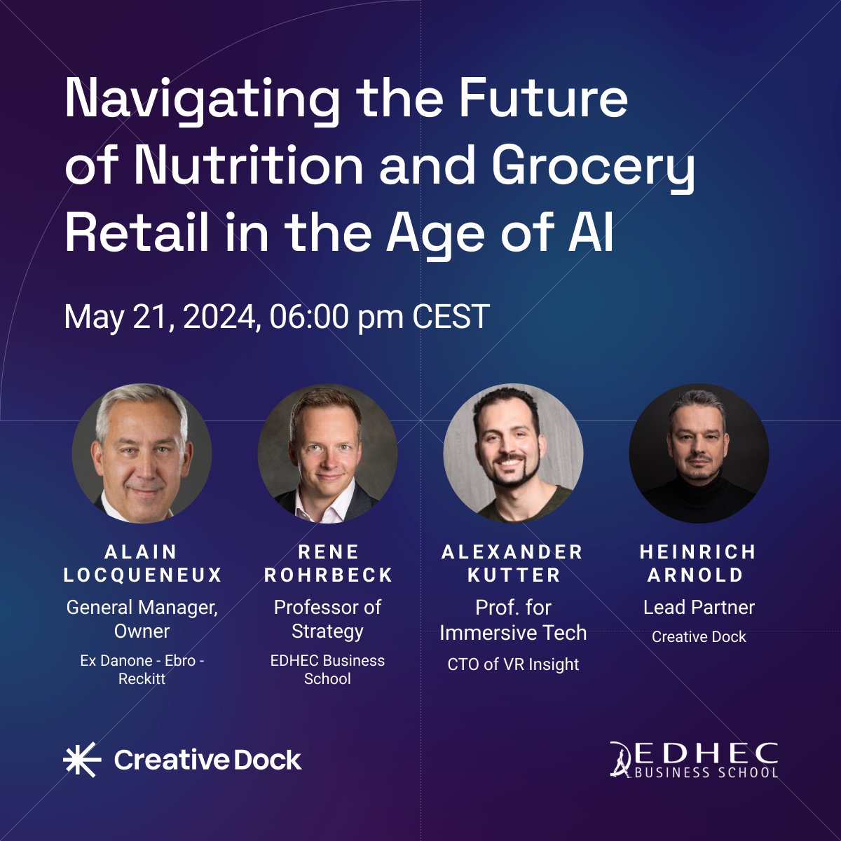 Happy to announce our exclusive online event with @CreativeDockCZ on May 21st! Join us as we explore 'Navigating the Future of Nutrition and Grocery Retail in the Age of AI'. Check out the agenda here: eventbrite.de/e/navigating-t… @EDHEC_BSchool #FutureofRetail #Innovation #webinar