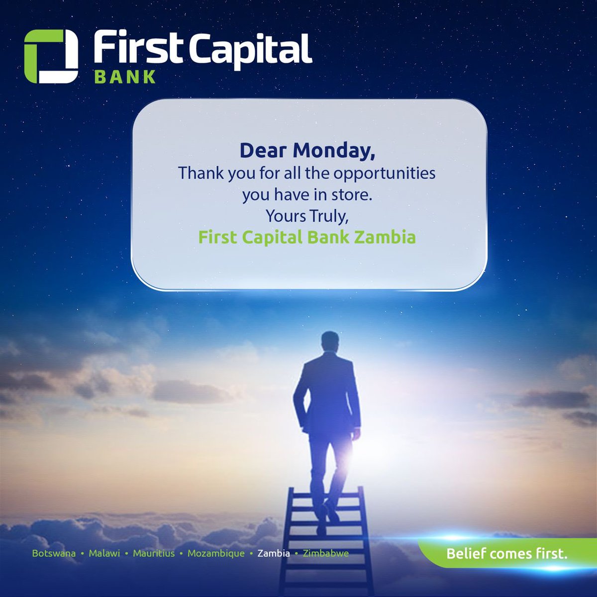 At First Capital Bank, Mondays are more than just the start of the week – they're a source of inspiration.  Join the movement and share your own Monday Love Letters in the comments below!  
#BeliefComesFirst #MondayMotivation