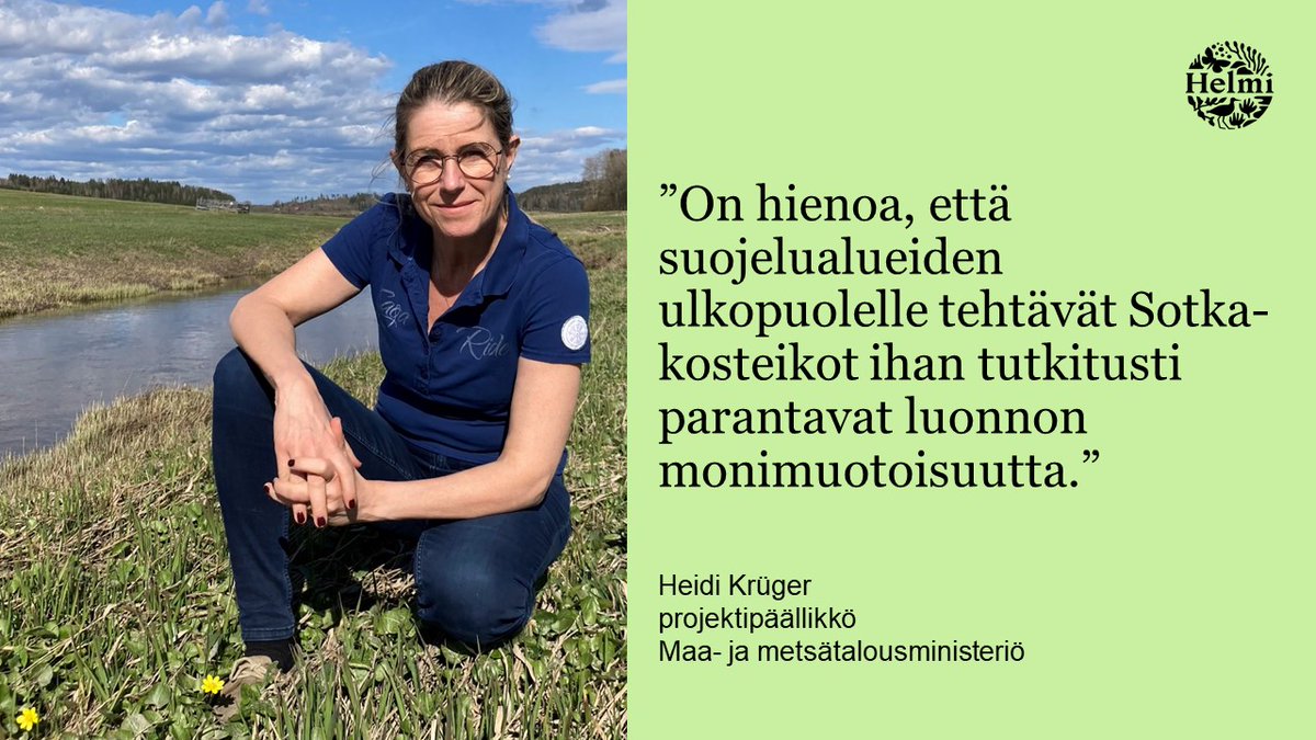 Hyvää Helmin päivää!
Heidi Krüger toimii Helmi-ohjelmassa Sotka-hankkeen projektipäällikkönä <a href="/mmm_fi/">MMM</a>.
”Luonnonmonimuotoisuuden edistäminen on minulle sydämen asia. On hienoa, että arkiluontoon tehtävät Sotka-kosteikot ihan tutkitusti parantavat monimuotoisuutta”. 🦆
#HelmiOhjelma