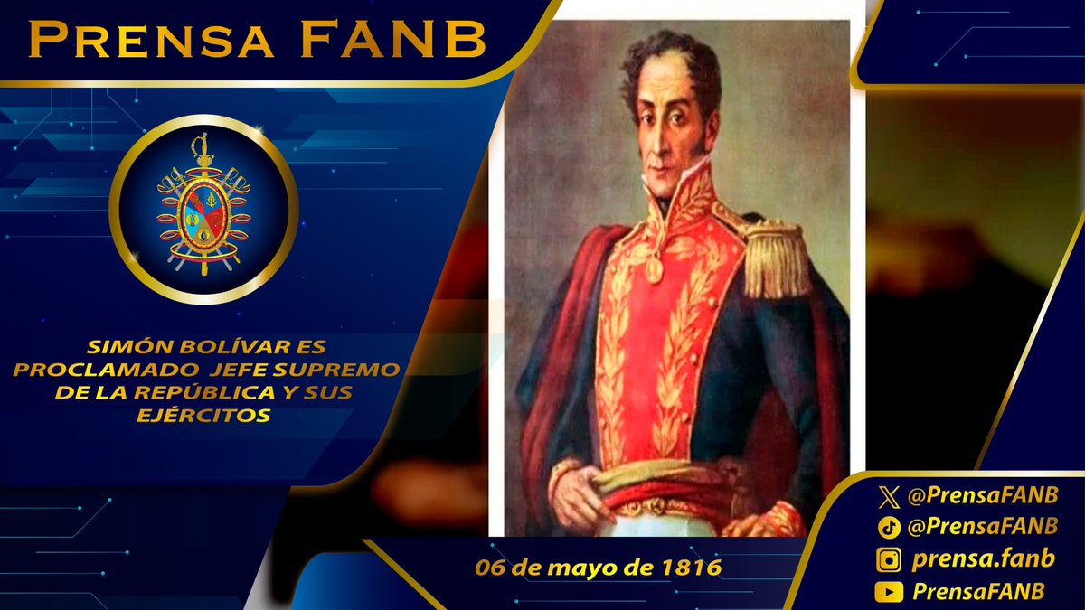 🗓️ #6May || Hace 208 años, un día como hoy, se llevó a cabo una asamblea en la hermosa Isla de Margarita, donde se proclamó a Simón Bolívar como Jefe Supremo de la República y de sus valientes Ejércitos. Fue un momento histórico y emocionante para todos los presentes, quienes…
