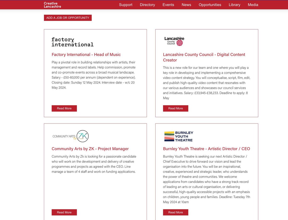 JOB OPPORTUNITIES:

See the latest vacancies, opportunities and create call outs on our Jobs + Opportunities pages.

You can also add your own for FREE. Simply click the button to add, we'll review + publish.

creativelancashire.org/jobs