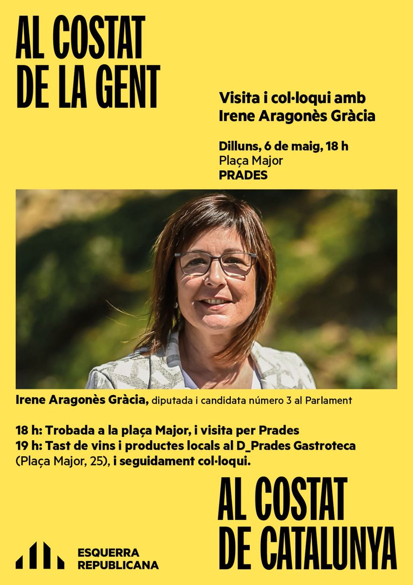Avui dilluns ens veiem al col•loqui a #Prades amb la candidata <a href="/Irenemont_roig/">Irene Aragonès Gràcia</a>

📍Plaça Major
⏰ 18:00h 

Us hi esperem! 
#AlCostatDeLaGent
#AlCostatDeCatalunya
