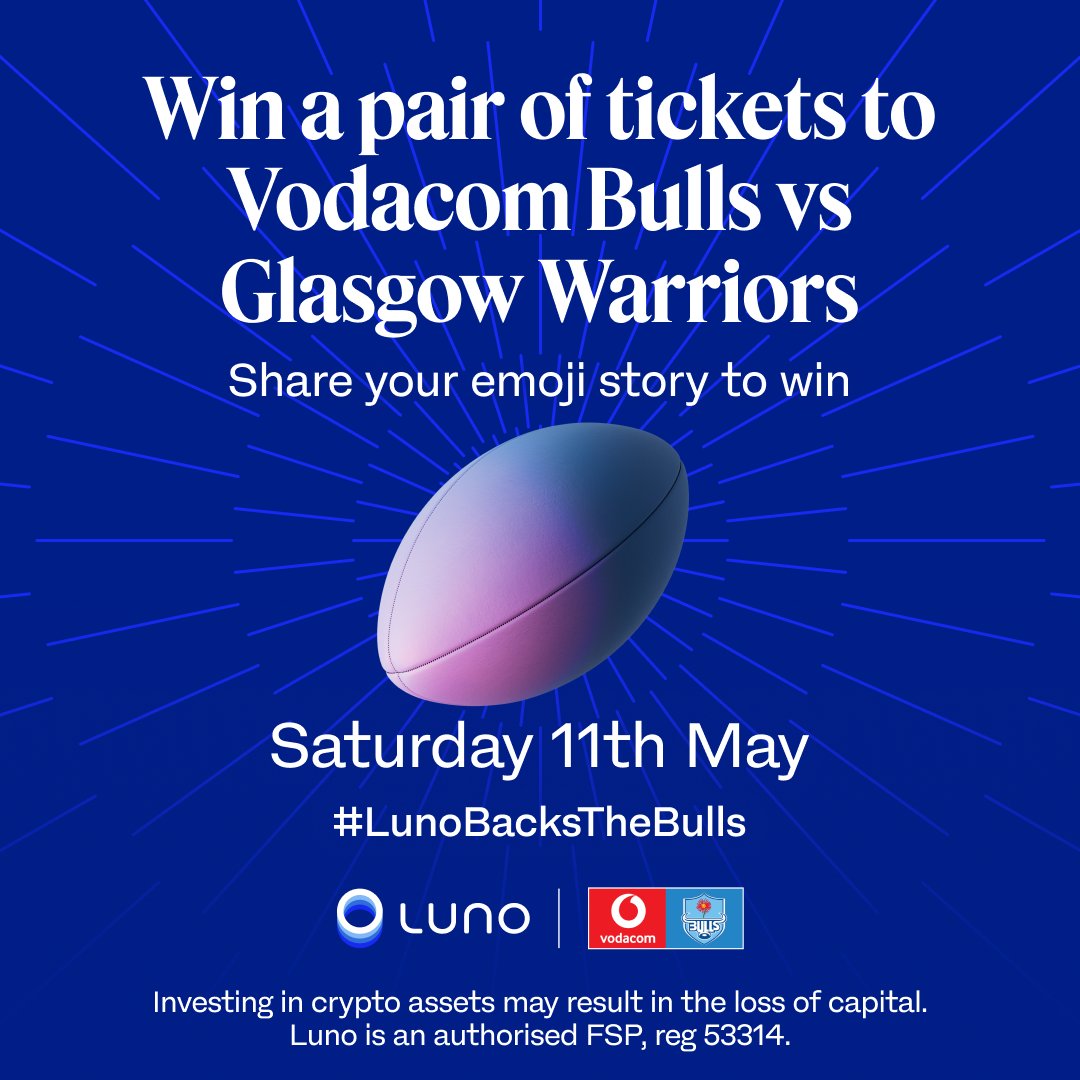 @BlueBullsRugby vs Glasgow Warriors is almost here. Tell us how you're feeling about the game using just 5 emojis and #LunoBacksTheBulls and you could win a pair of tickets for the game 🇿🇦🏉👏🤩🎉 #LunoBacksTheBulls T's & C's apply: luno.money/2t0