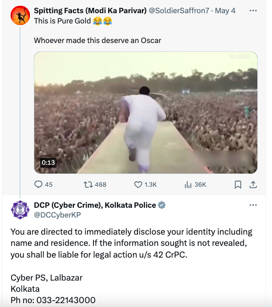 Good God! This is not a joke! Kolkata police is actually contacting & intimidating people who are posting memes on #Mamata! And there are some cussed people still who defend what's happening in Bengal