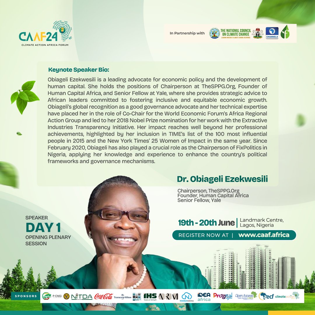 Want to hear from a leading voice in Africa's climate movement? Register for CAAF24 and join the discussion with Dr. Obiageli Ezekwesili (@obyezeks) on June 19th at the Landmark Centre in Lagos! . Secure your spot at CAAF24 today! Link in bio. . . . #CAAF24 #Lagos #RegisterNow