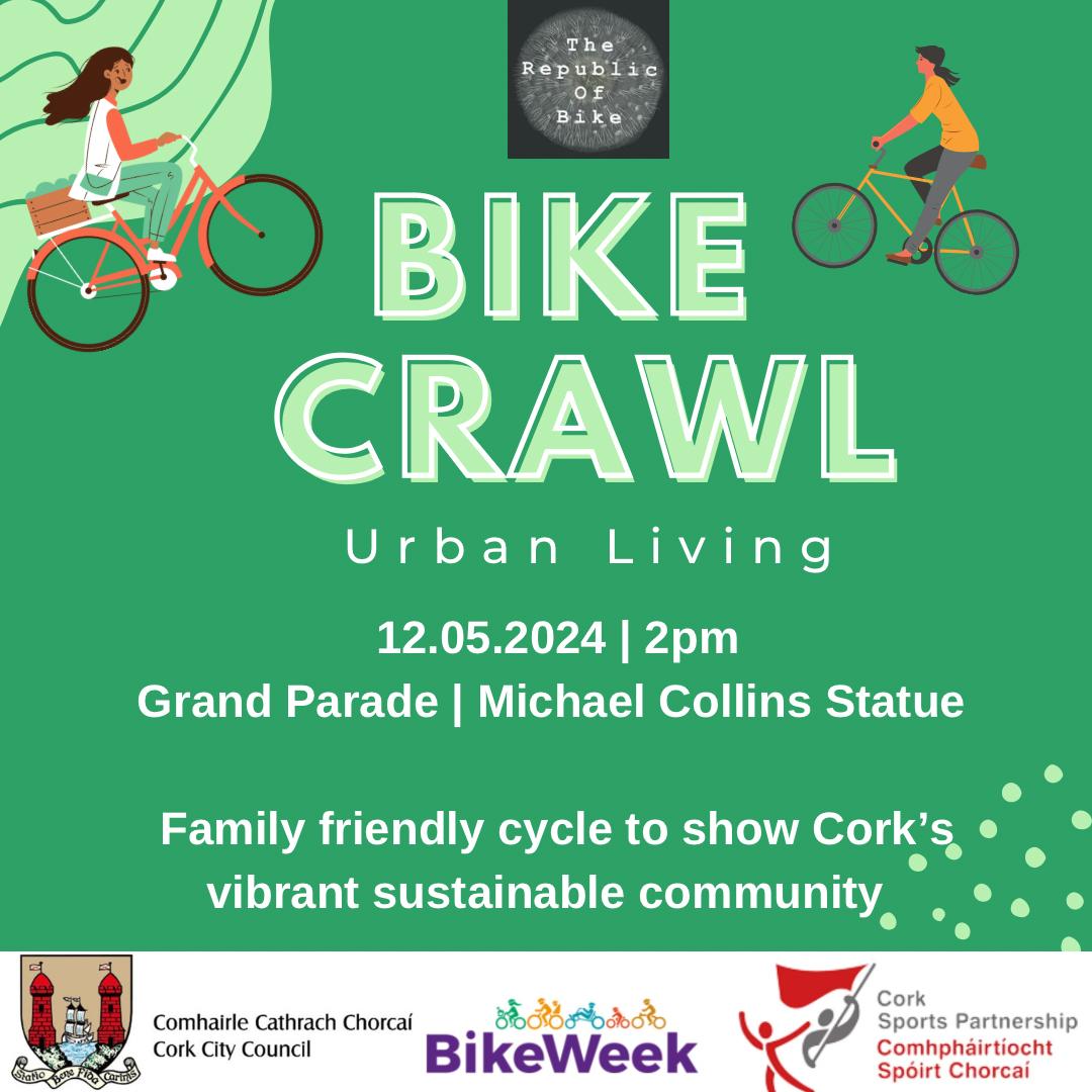 Come join our bike crawl next Sunday as we visit a few sustainable initiatives in #Cork. Family friendly cycle with a few stops & a few surprises. We're delighted to be running this event as part of @CorkBikeWeek 🚴‍♂️👍. Info on poster!