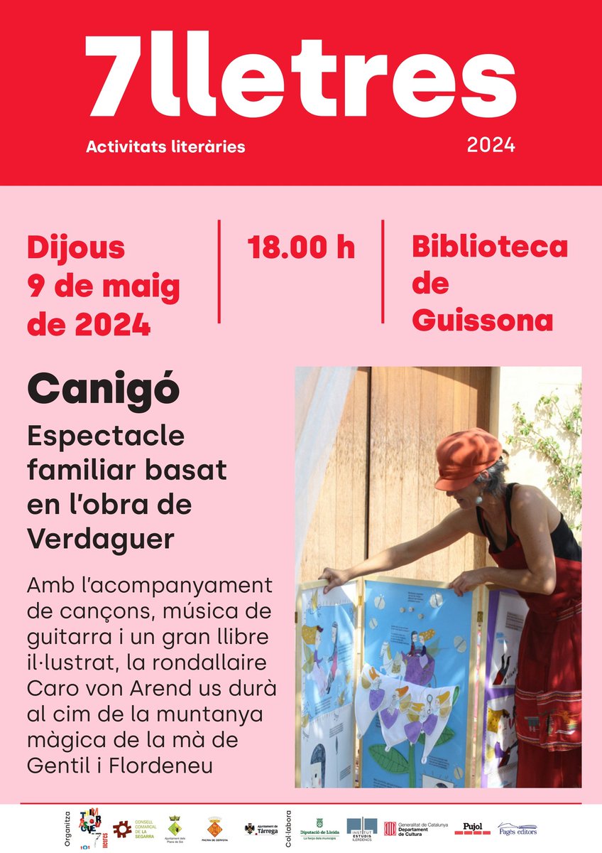 La rondallaire Caro von Arend ens durà al cim del Canigó amb l'acompanyament de cançons, música de guitarra i un gran llibre il·lustrat.
🗓️ 9/5
🕖 19 h
📍 biblio Guissona 
#7lletres
<a href="/ccsegarra/">Consell Comarcal de la Segarra</a> <a href="/paeriacervera/">Paeria de Cervera</a> <a href="/AJGuissona/">Ajuntament de Guissona</a> <a href="/culturatarrega/">Cultura Tàrrega</a> <a href="/BiblioGuissona/">Biblioteca Guissona</a> <a href="/espaisescrits/">Espais Escrits</a> <a href="/CConcabella/">Castell de Concabella</a>