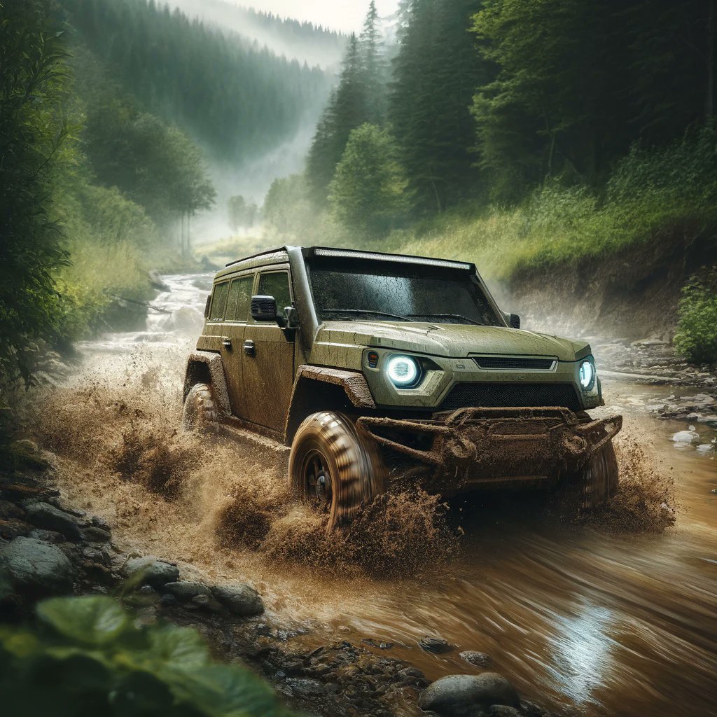 Conquer the wild! 🌲🚙 This rugged all-terrain vehicle takes on a muddy river in the heart of the forest. #OffRoadAdventures #AllTerrain #NatureExploration #TrailBlazer