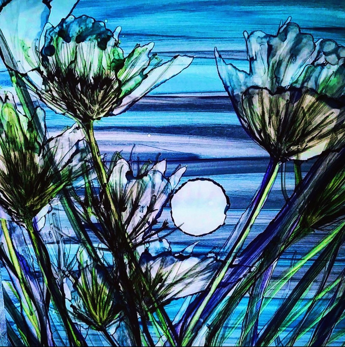Blue Poppies. Alcohol Inks and Windsor and Newton Ink. #ArtistOnX #contemporaryart #INK #painting