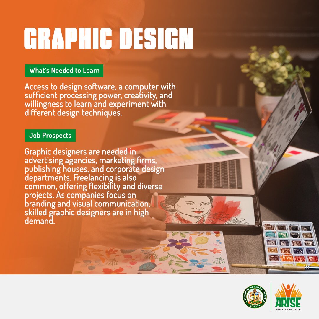 This week on career path, we’re taking a look at Graphic design.
 
The focus is what to learn, how and to learn and the job prospects that comes with learning the skills.
More details in the images below. 

#akwaibomtwitter