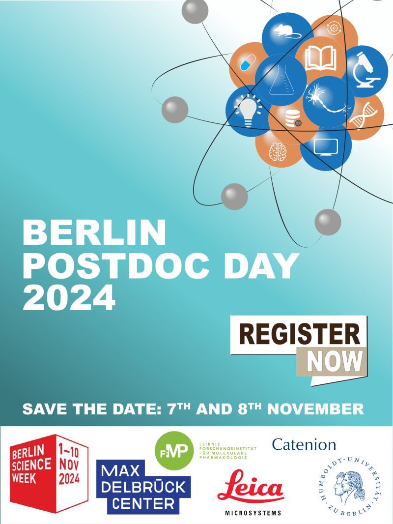 📅 Save the Date! Join us for Berlin PostDoc Day 2024 on November 7th and 8th! 🌟 Follow us using the hashtag #PDD24 for exciting updates. We can’t wait to have you participate! 🎉 @BerlinSciWeek @HumboldtUni @ChariteBerlin @LeibnizFMP @MDC_Berlin @FU_Berlin
