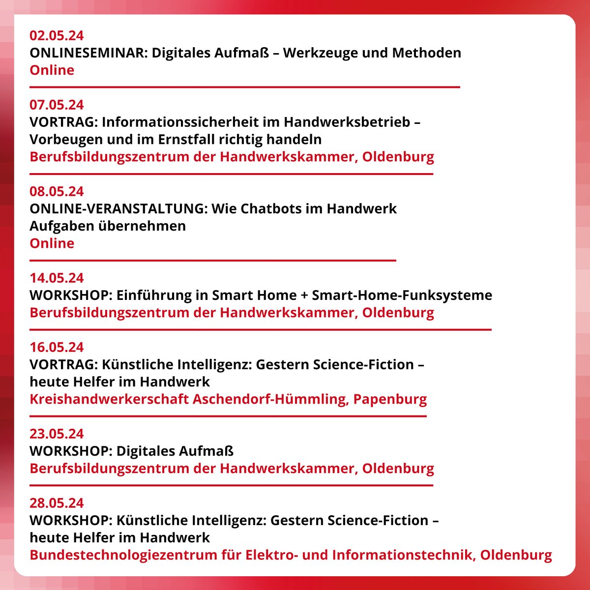 #Veranstaltungen im #Mai: Erfahren, welche Aufgaben #Chatbots im #Handwerk übernehmen, wie Digitales Aufmaß die Arbeit im Betrieb erleichtert und welche Geschäftsmodelle Smart Home ermöglicht: handwerkdigital.de/Veranstaltungen