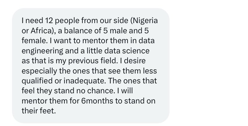 If you’re just starting out in data engineering or data science this is a very good opportunity for you. Send me dm with link to your portfolio or work Just 12 persons please