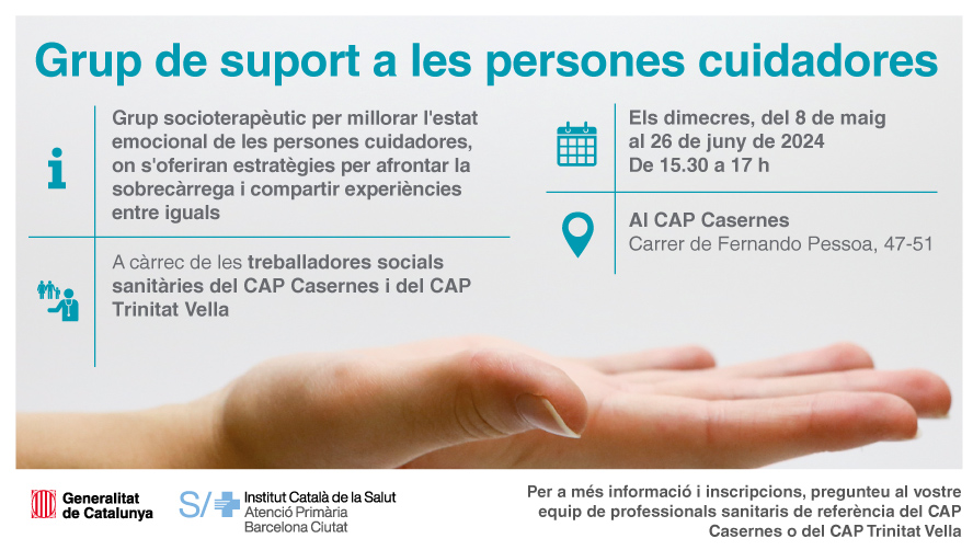 🫂 Grup de suport a les persones cuidadores

Del 8 de maig al 26 de juny de 2024
Els dimecres, de 15.30 a 17 h
Al #CAPCasernes

A càrrec de treballadores social sanitàries de #CAPCasernes i #CAPTrinitatVella