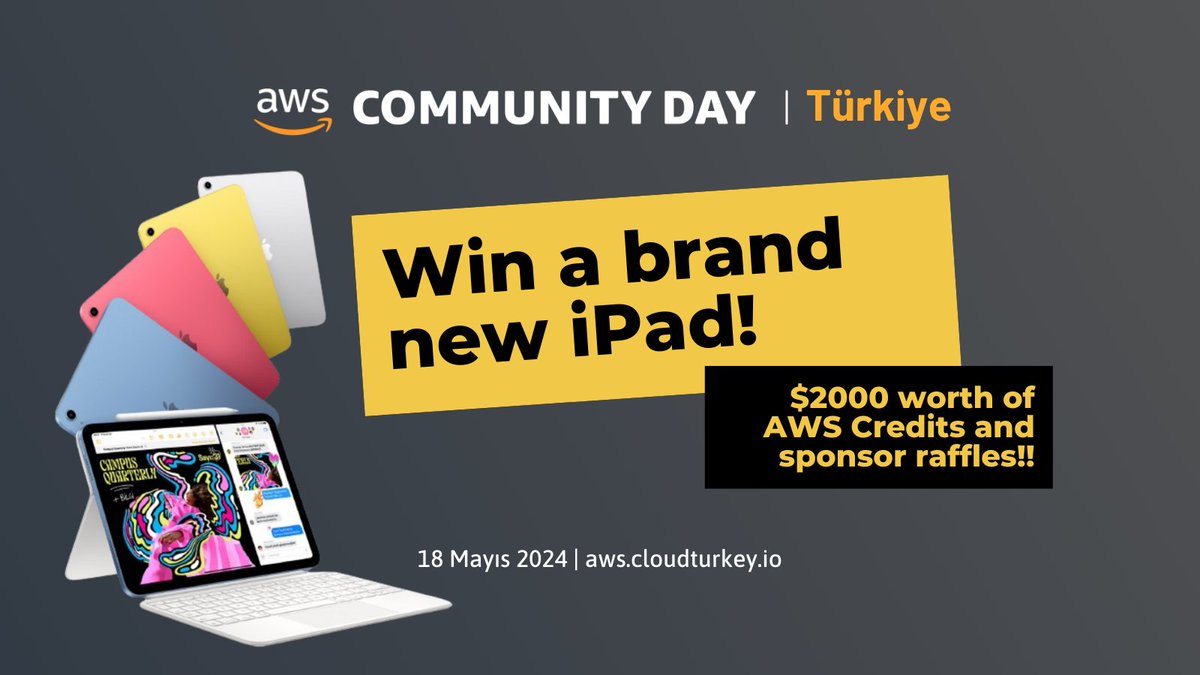 18 Mayıs'ta #AWS Community Day Türkiye'de iPad kazanıp işe yarıyor mu yaramıyor mu görmek için etkinliğe bekliyoruz 😅 ➡️ aws.cloudturkey.io @CloudTurkiye