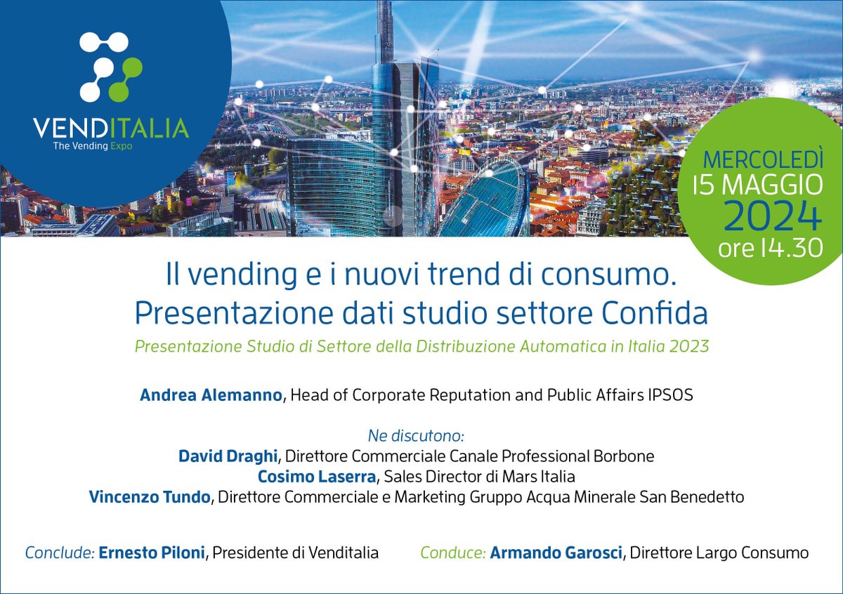 A #Venditalia (Fieramilano Rho, Pad. 8-12) il 15 maggio alle ore 14.30 nell'area convegni "Venditalia Talks" si terrà l'incontro "Il vending e i nuovi trend di consumo" in cui verranno presentati in anteprima i dati dello Studio di settore 2023 realizzato da Ipsos per #Confida.