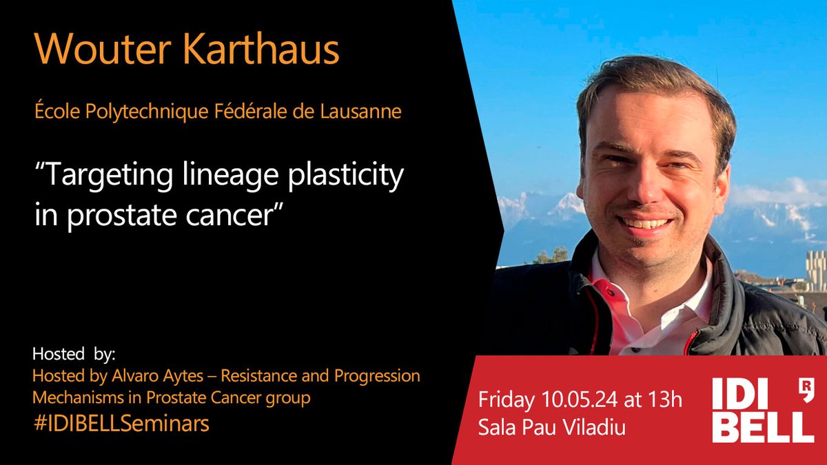 📣 New #IDIBELLSeminar 📋 Targeting lineage plasticity in #ProstateCancer 🗣️ Wouter Karthaus @EPFL_en Hosted by @AAytesLab 🗓️Friday, May 10 - ⏰ 13h 📍 Sala Pau Viladiu @ICO_oncologia More info ➡️ idibell.cat/agenda/idibell…