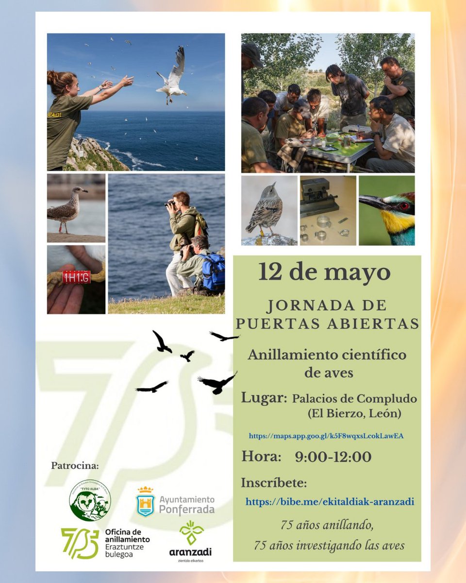 🙂🐦🦜Si quieres inscribirte en esta actividad tan chula sobre anillamiento científico de aves, en el cartel te dejamos toda la información.

📌Por el 75 aniversario de la Oficina de Anillamiento de Aranzadi, se realizarán actividades por todo el país.

#cjponferrada   #tytoalba