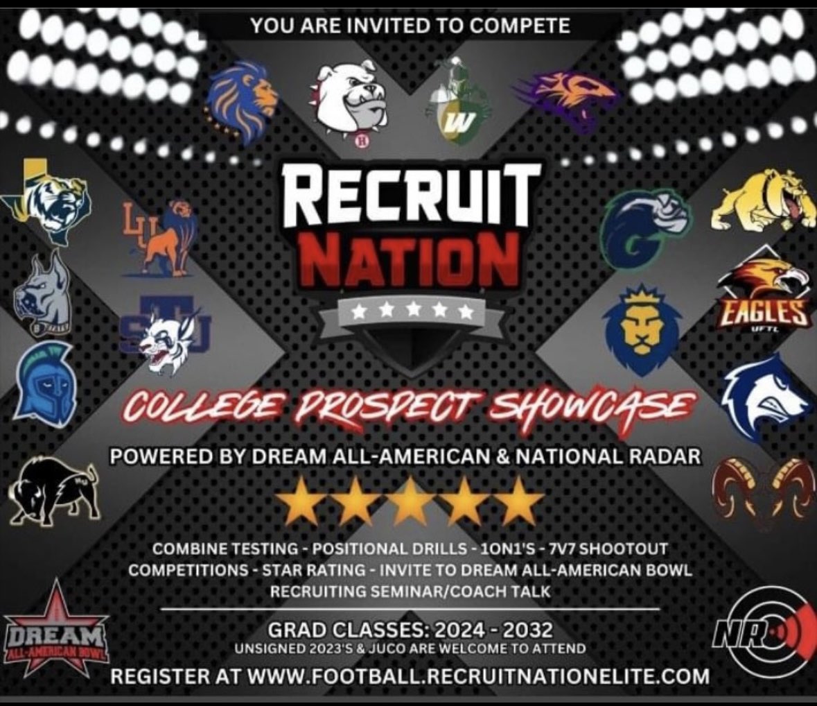 Upcoming 🏈College Prospect Showcases May 5/12 CHICAGO IL 5/18 MILWAUKEE WI 5/19 DALLAS TX June 6/2 INDIANAPOLIS IN 6/9 KANSAS CITY MO 6/16 DENVER CO 6/21 BRADENTON FL 6/30 NASHVILLE TN 🔥For More Details or To Register Now recruitnationelite.com/exposure-series