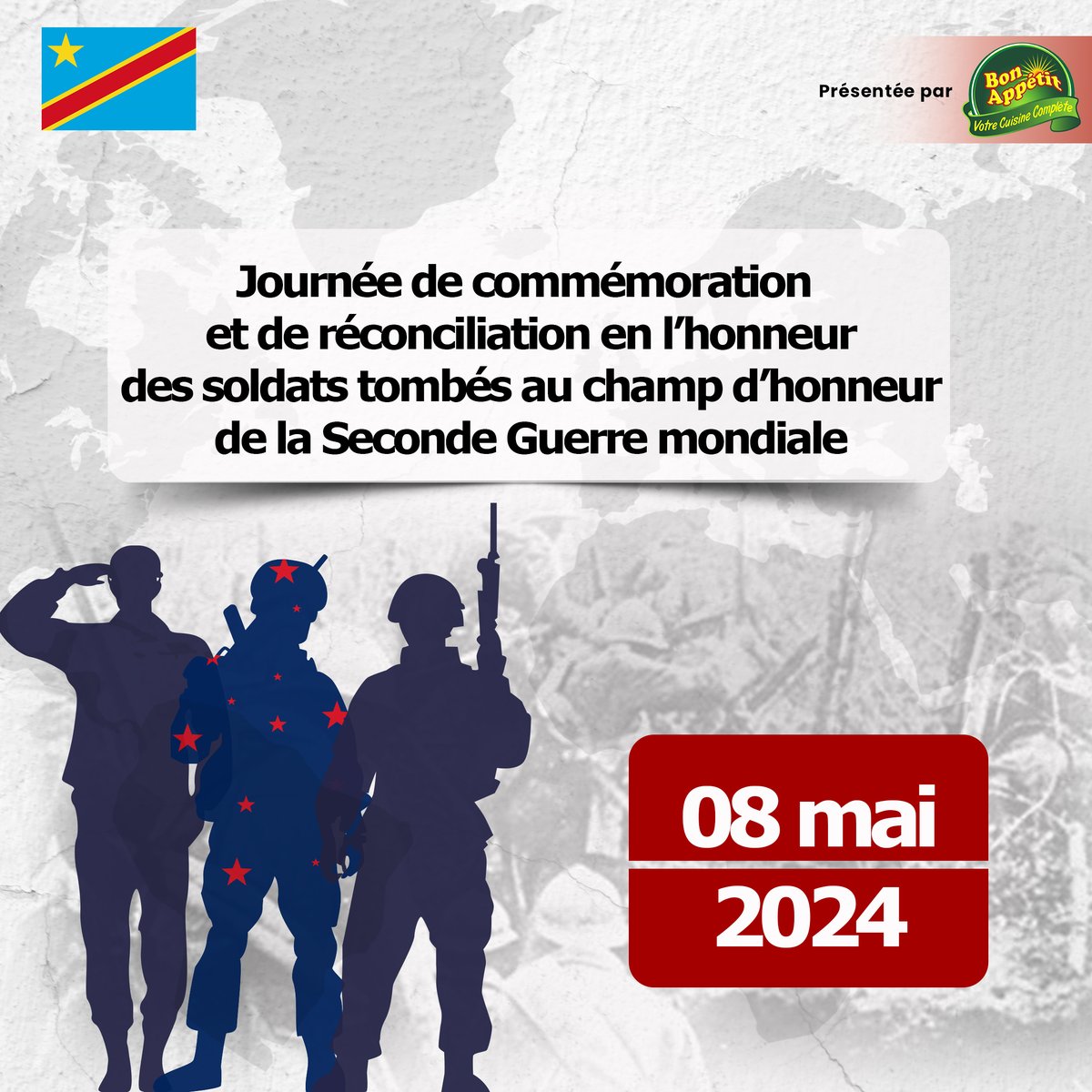 Le 8 mai est la journée de commémoration et de réconciliation en l’honneur des tombés de la seconde guerre Mondiale. Rappelons-nous avec gratitude le sacrifice des hommes et des femmes qui ont donné leur vie pour la liberté et la paix. 

#BonAppetitRDC #Kinshasa #RDC2023 #ELSsarl