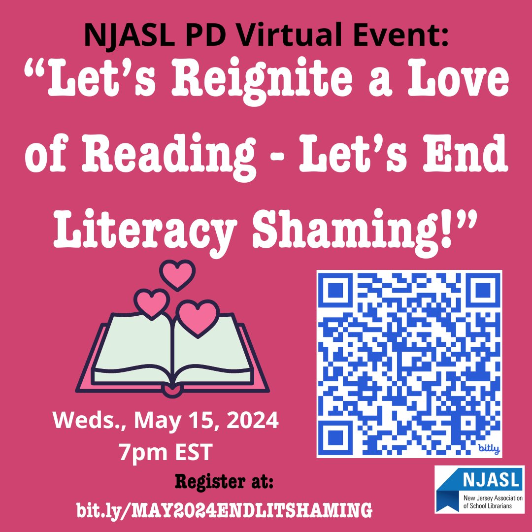 5/15 @ 7pm: “Let’s Reignite a Love of Reading - Let’s End Literacy Shaming!” Learn how we sometimes make readers feel bad about their reading choices, and how to avoid those mistakes! Free & open to all SLs & Ts (in NJ or not!) Register at: bit.ly/MAY2024ENDLITS…