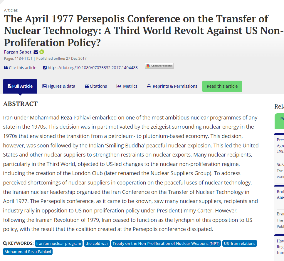 I will have a piece out tomorrow on #Iran's nuclear weapon option emerging from the shadows. Since Iran is holding a nuclear conference in Isfahan this week, you might also be interested in my article on a more controversial nuclear conference organized by the Shah in 1977!